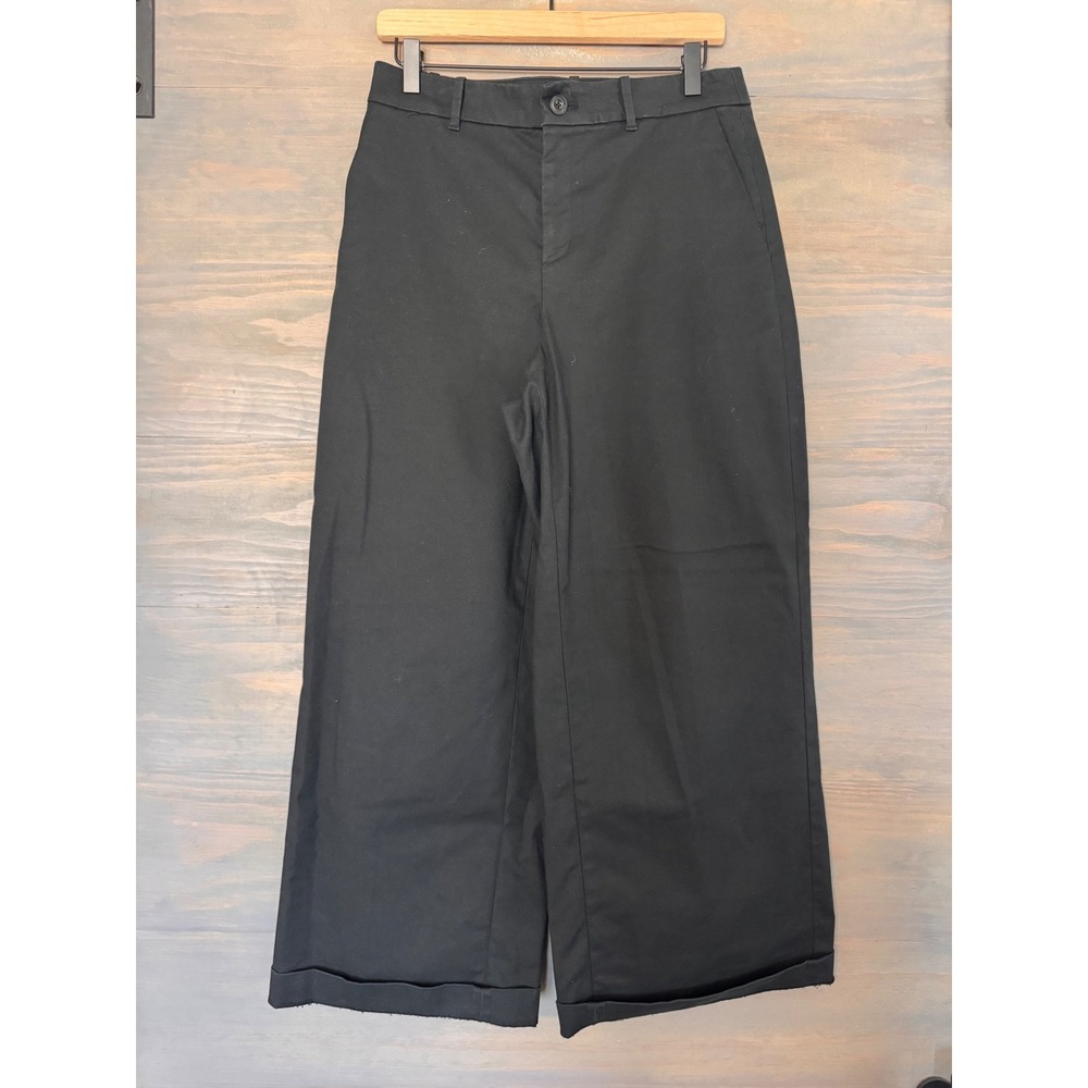 Uniqlo Women Black Cotton Blend Wide Leg Baggy Pants Cuffed Mid Rise Size M 4